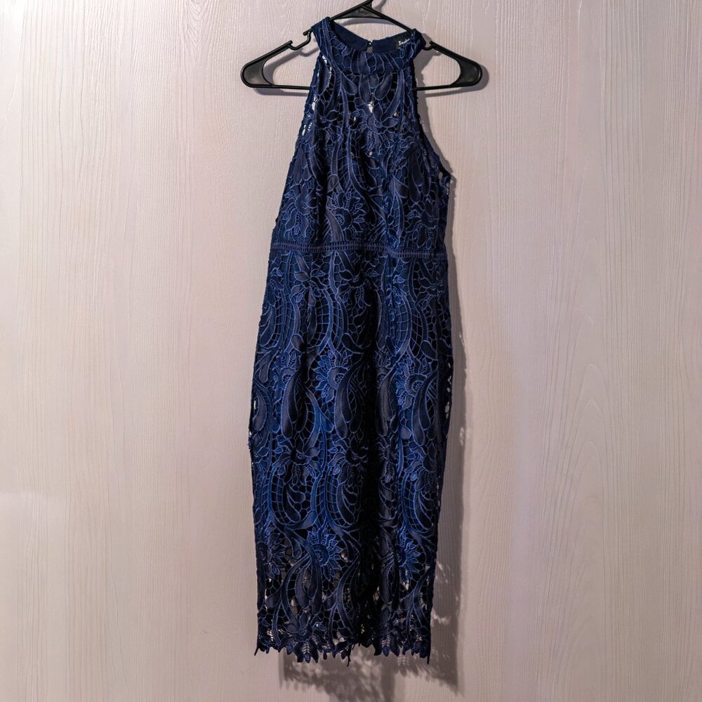 Bardot Navy Lace Midi Dress | Halter Neck | Size 6